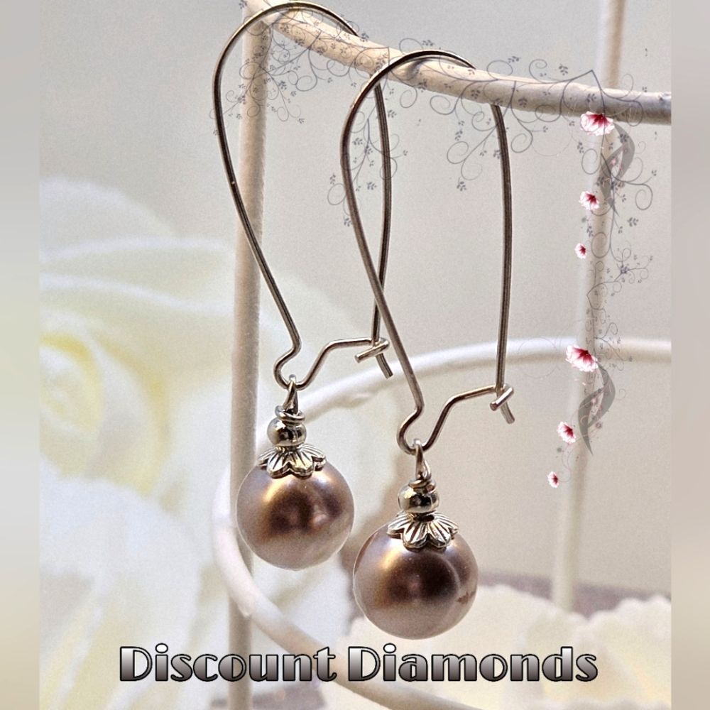 Champagne South Sea Shell 10 mm Pearl Earrings Wire Hook on 925 Silver